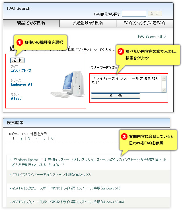 1.お使いの機種名を選択 2.調べたい内容を文章で入力し、検索をクリック 3.質問内容に合致していると思われるFAQを参照